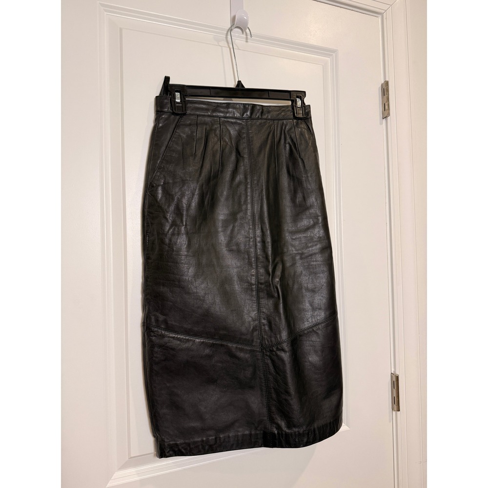 Pelle Cuir Black Leather Midi Skirt Pleated Waist Back Slit Size 8